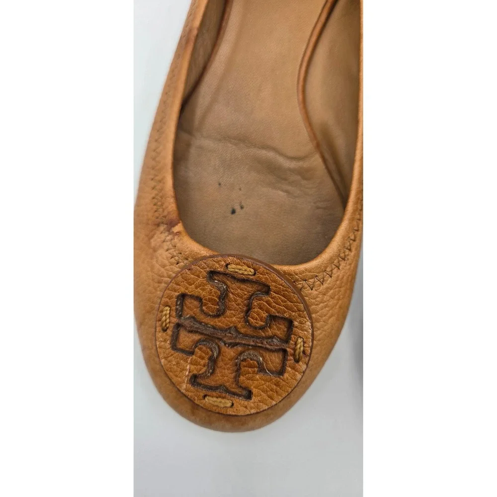 Tory Burch Reva Women Flats Sz 7 Tan Tumbled Leather Ballet Logo
